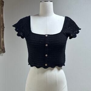 crochet crop top milkmaid button front flutter sleeve boho festival black S